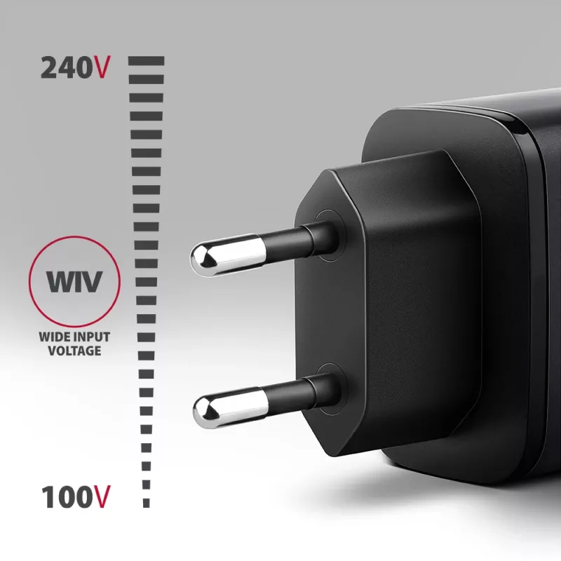 Fuente de alimentación AXAGON ACU-PQ67, 67W, PD3.0 + QC4+, 1x USB-C + 1x USB-A, 100–240V, gris/negro