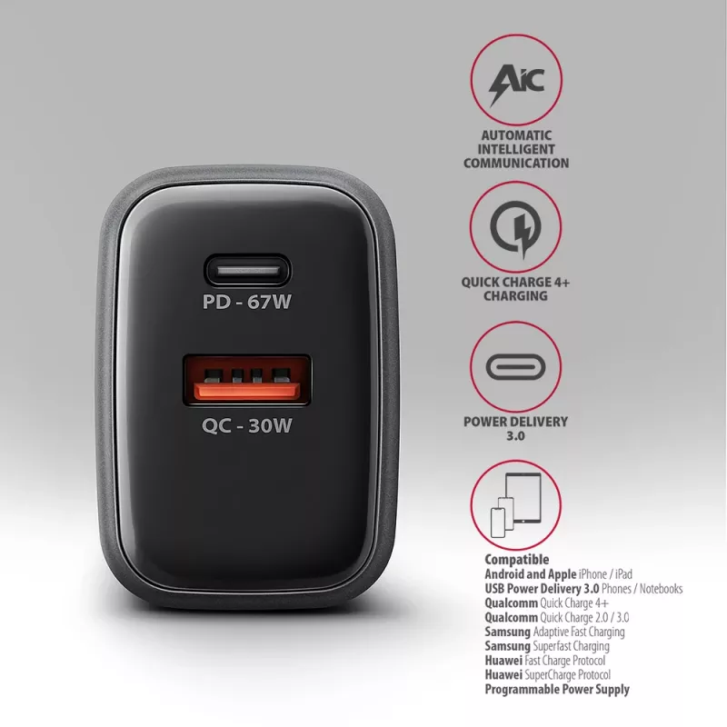 Fuente de alimentación AXAGON ACU-PQ67, 67W, PD3.0 + QC4+, 1x USB-C + 1x USB-A, 100–240V, gris/negro