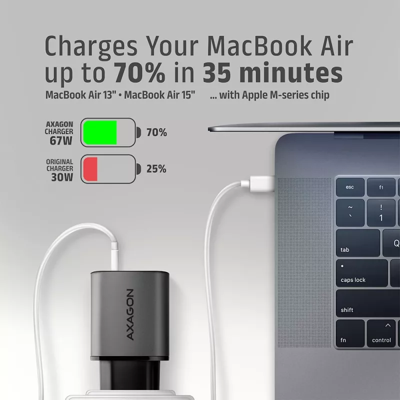 Fuente de alimentación AXAGON ACU-PQ67, 67W, PD3.0 + QC4+, 1x USB-C + 1x USB-A, 100–240V, gris/negro