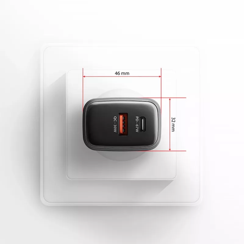 Fuente de alimentación AXAGON ACU-PQ67, 67W, PD3.0 + QC4+, 1x USB-C + 1x USB-A, 100–240V, gris/negro