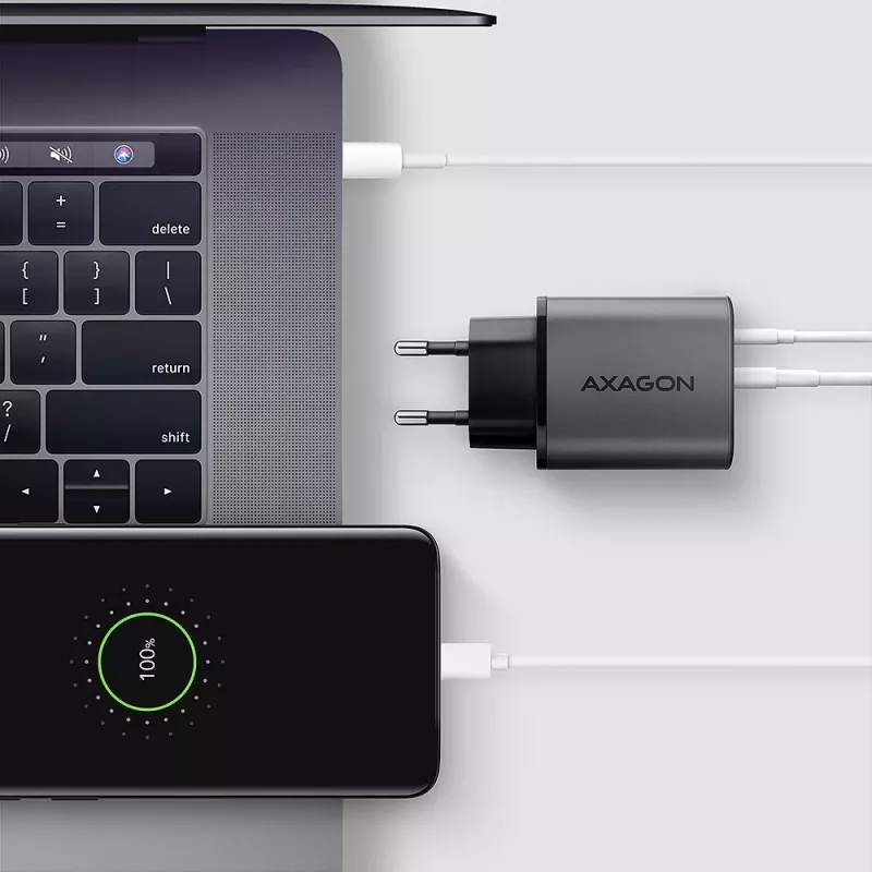 Fuente de alimentación AXAGON ACU-PQ67, 67W, PD3.0 + QC4+, 1x USB-C + 1x USB-A, 100–240V, gris/negro