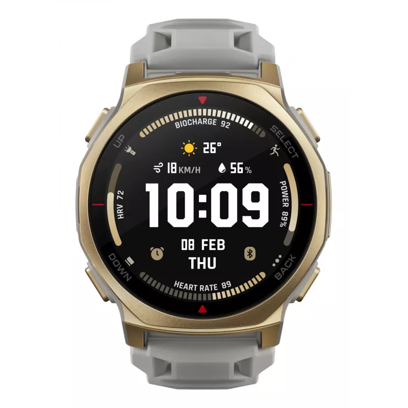 Smartwatch Amazfit T-rex 3 Pro 44 mm, 1,32 inch AMOLED 466×466, 16 GB, 64 MB RAM, GPS, Wi‑Fi, sumergible hasta 45 m, caja dorada, correa de silicona gris