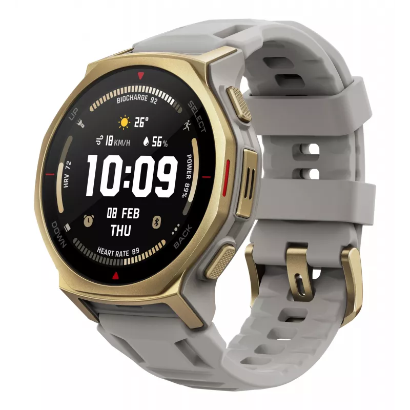 Smartwatch Amazfit T-rex 3 Pro 44 mm, 1,32 inch AMOLED 466×466, 16 GB, 64 MB RAM, GPS, Wi‑Fi, sumergible hasta 45 m, caja dorada, correa de silicona gris