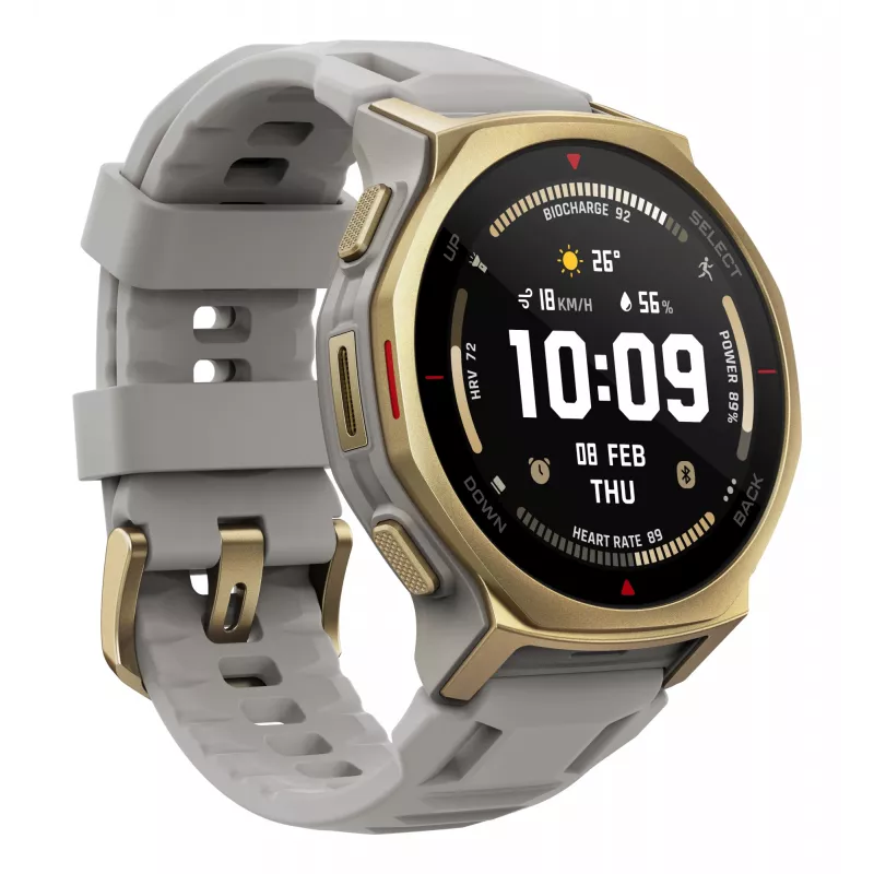 Smartwatch Amazfit T-rex 3 Pro 44 mm, 1,32 inch AMOLED 466×466, 16 GB, 64 MB RAM, GPS, Wi‑Fi, sumergible hasta 45 m, caja dorada, correa de silicona gris
