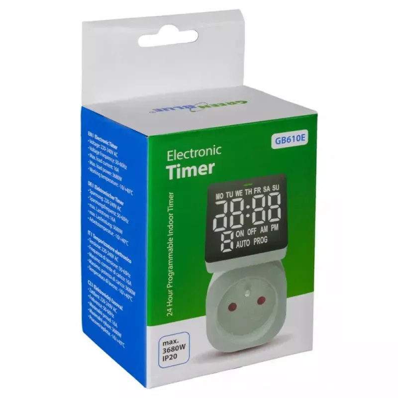 Temporizador digital GreenBlue GB610E, carga máx. 16A, IP20, ciclos de encendido/apagado programables