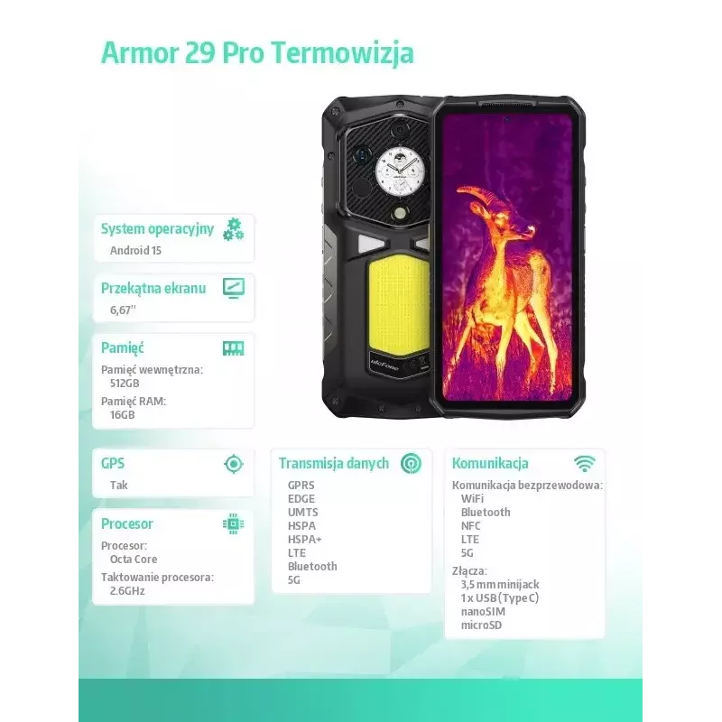Smartphone UleFone Armor 29 Pro Thermal 5G 16/512GB smartphone robusto con cámara térmica, 16GB RAM, 512GB almacenamiento