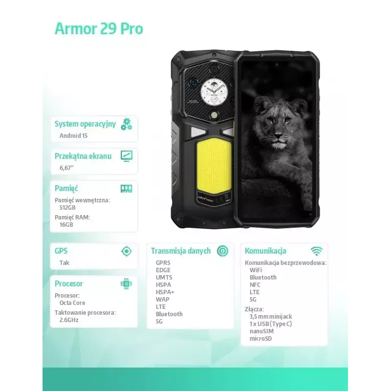Smartphone UleFone Armor 29 Pro 5G 16/512GB negro, robusto 5G, 16GB RAM, 512GB almacenamiento
