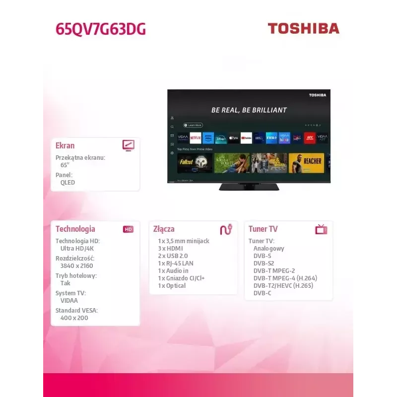 Toshiba TV QLED 65 pulgadas 65QV7G63DG, pantalla de 65 pulgadas