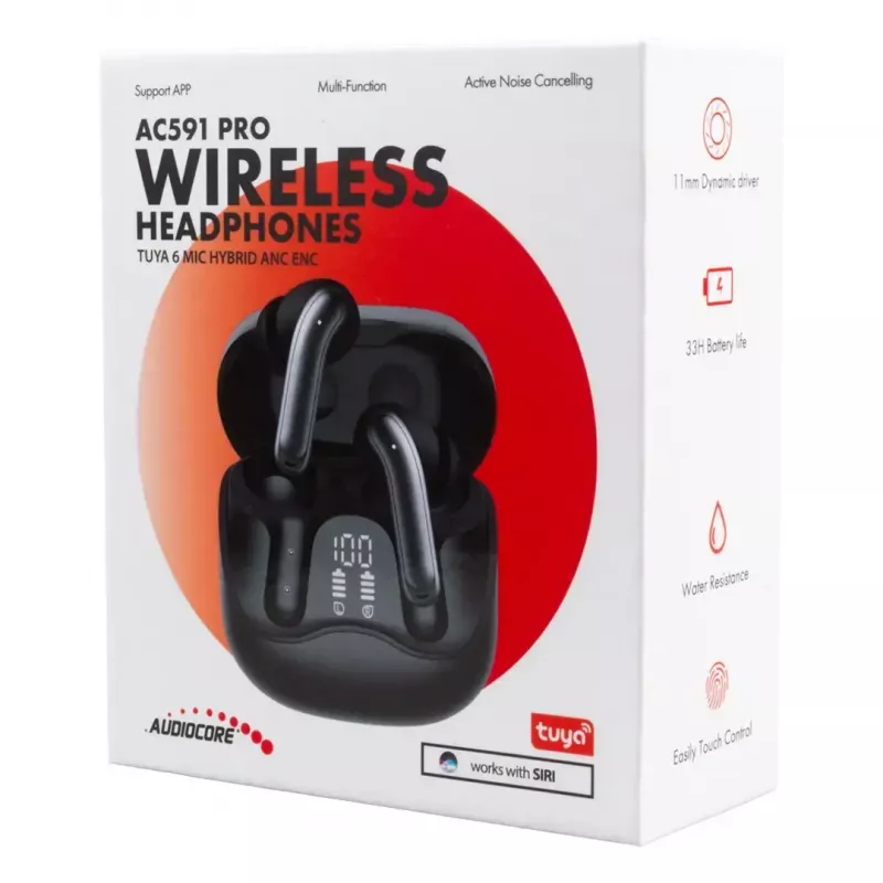 Auriculares inalámbricos in-ear Audiocore AC591 PRO — ANC híbrido, ENC, 6 micrófonos, carga USB‑C, hasta 9 h de reproducción, compatible con Tuya, negro