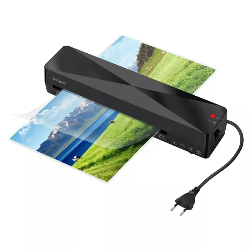 Plastificadora en frío/caliente SAVIO LR-01/B — ancho máx. de plastificado 230 mm, 320 mm/min, 300 W, negra