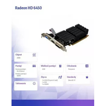 Tarjeta gráfica AFOX Radeon HD 6450 2 GB DDR3 64 bits DVI HDMI VGA low profile pasiva AF6450-2048D3L9-V2