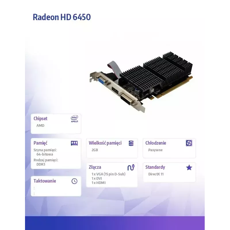 Tarjeta gráfica AFOX Radeon HD 6450 2 GB DDR3 64 bits DVI HDMI VGA low profile pasiva AF6450-2048D3L9-V2