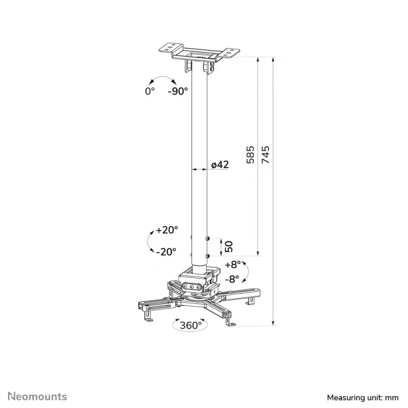 Soporte de techo para proyector Neomounts CL25-550WH1 – H 74,5-114,5 cm – Easy-Install – totalmente móvil