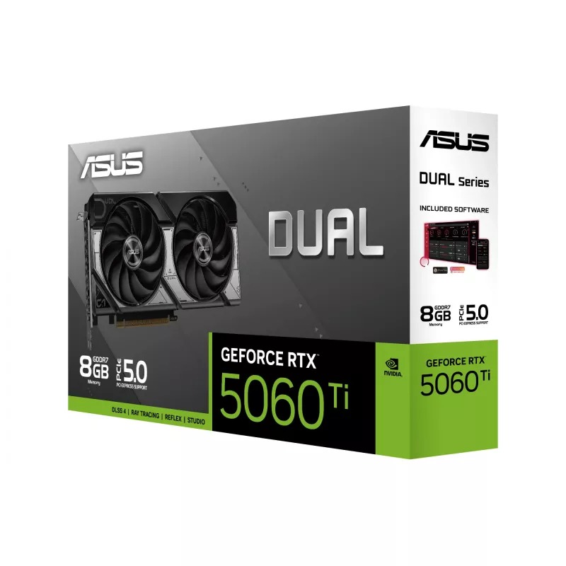 Tarjeta gráfica ASUS GeForce RTX 5060 Ti Dual — 8 GB GDDR7, 128 bits, PCIe 5.0, refrigeración activa (2 ventiladores), máx. 7680×4320
