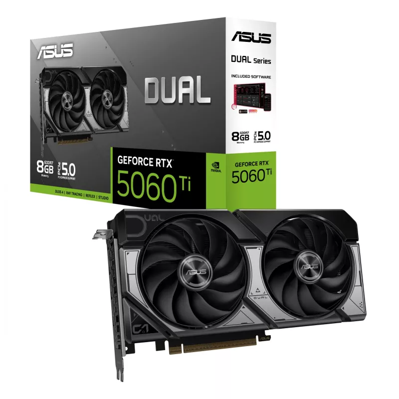 Tarjeta gráfica ASUS GeForce RTX 5060 Ti Dual — 8 GB GDDR7, 128 bits, PCIe 5.0, refrigeración activa (2 ventiladores), máx. 7680×4320