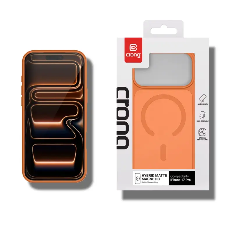 Funda MagSafe magnética Crong Hybrid Matte para iPhone 17 Pro — PC+TPU, naranja translúcido