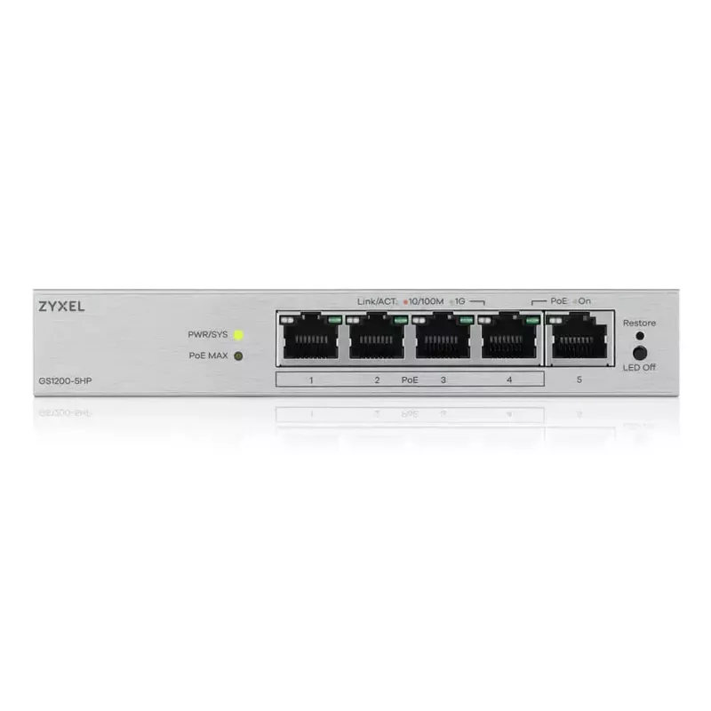 Switch gestionado L2 Gigabit PoE de sobremesa Zyxel GS1200-5HPV3 — 5x Gigabit (10/100/1000), PoE, entrada DC, capacidad de conmutación 10 Gbit/s