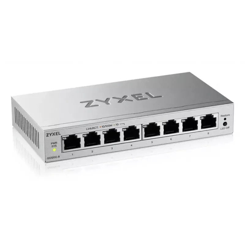 Switch gestionado L2 Gigabit Ethernet Zyxel GS1200-8V3 — 8x RJ-45 10/100/1000, 16 Gbit/s, MAC 4000, sobremesa, gris
