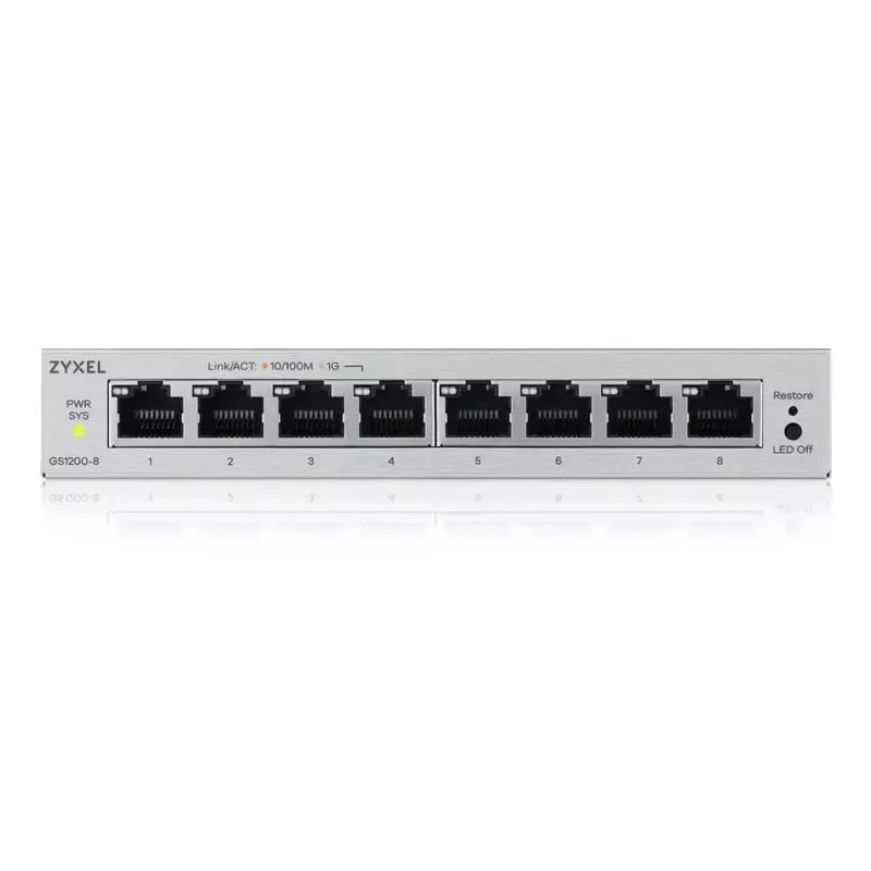 Switch gestionado L2 Gigabit Ethernet Zyxel GS1200-8V3 — 8x RJ-45 10/100/1000, 16 Gbit/s, MAC 4000, sobremesa, gris