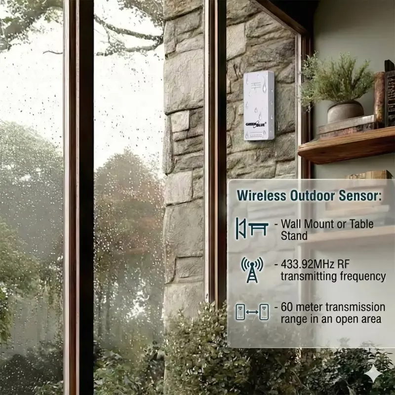 Estación meteorológica inalámbrica GreenBlue GB169 — temperatura y humedad interior/exterior, reloj, alarma, alcance hasta 60 m, °C/°F seleccionable