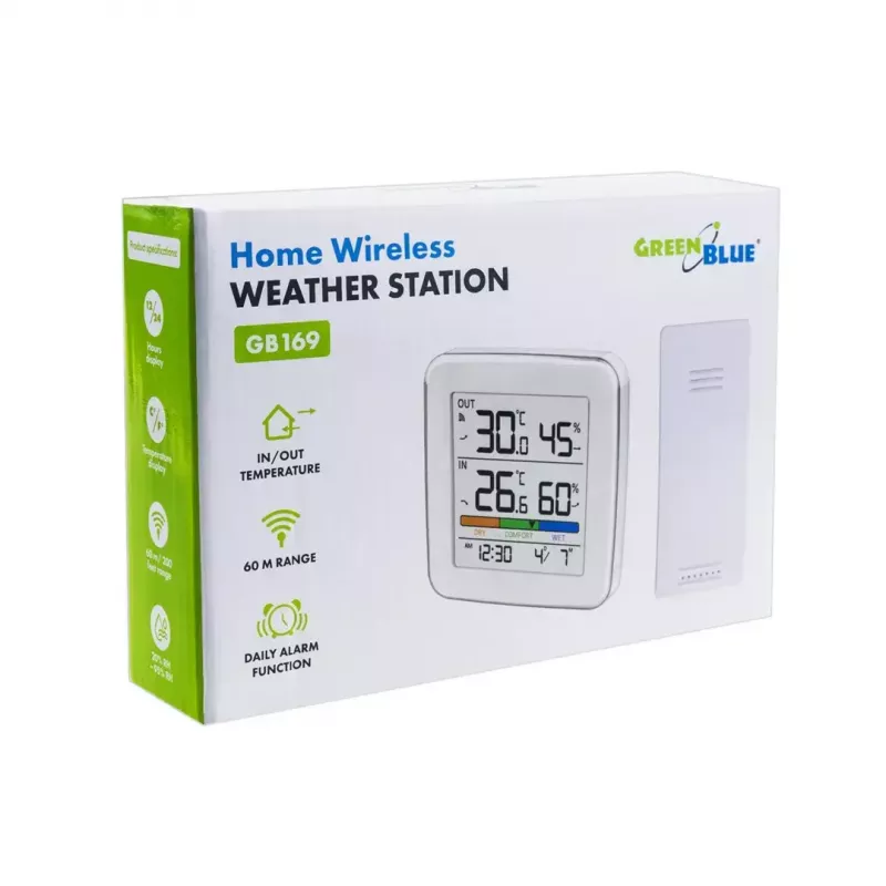 Estación meteorológica inalámbrica GreenBlue GB169 — temperatura y humedad interior/exterior, reloj, alarma, alcance hasta 60 m, °C/°F seleccionable