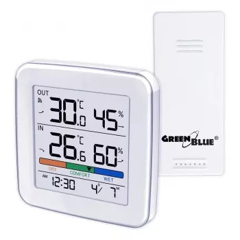 Estación meteorológica inalámbrica GreenBlue GB169 — temperatura y humedad interior/exterior, reloj, alarma, alcance hasta 60 m, °C/°F seleccionable