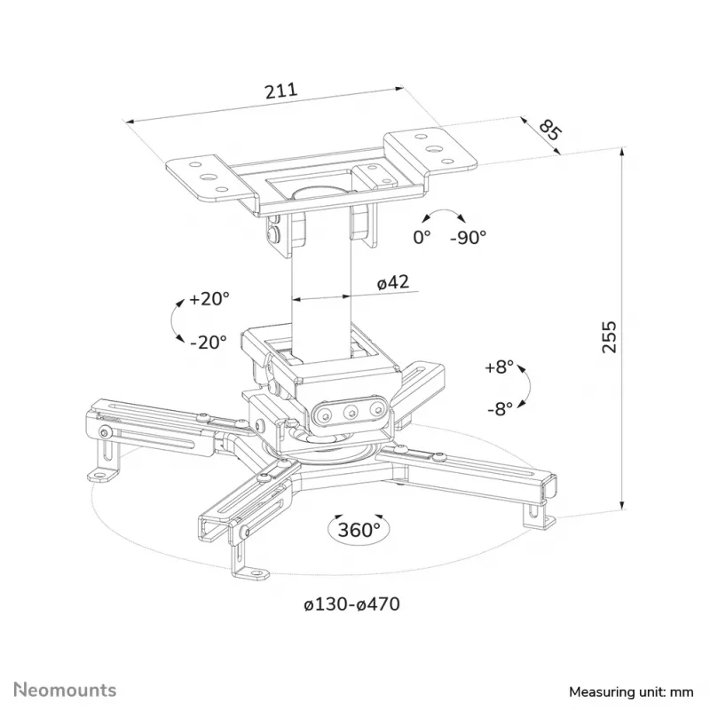 Soporte de techo para proyector Neomounts CL25-530WH1 — totalmente móvil, carga máx. 45 kg, altura 25,5 cm, blanco