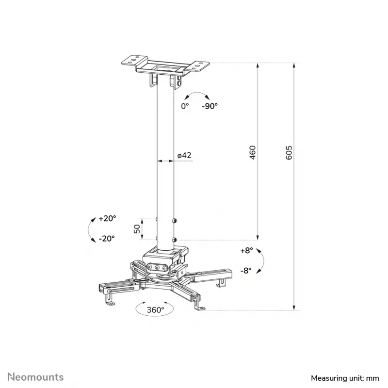 Soporte de techo para proyector Neomounts CL25-540WH1 – h 60,5–90,5 cm – fácil montaje – totalmente móvil