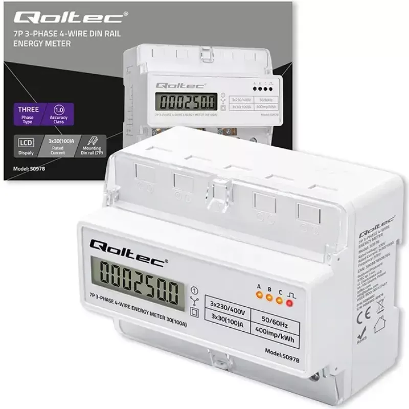 Contador de energía trifásico para carril DIN QOLTEC 50978 — 400 V, 100 A