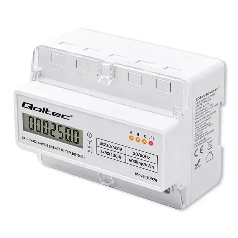 Contador de energía trifásico para carril DIN QOLTEC 50978 — 400 V, 100 A