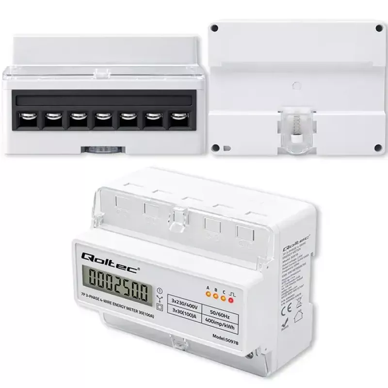 Contador de energía trifásico para carril DIN QOLTEC 50978 — 400 V, 100 A