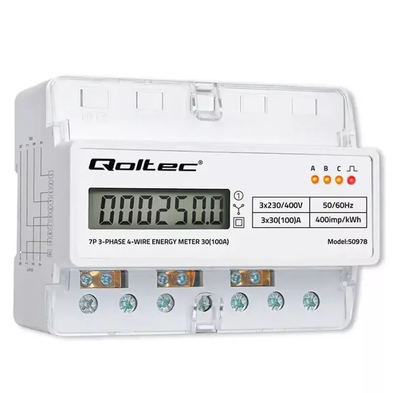 Contador de energía trifásico para carril DIN QOLTEC 50978 — 400 V, 100 A