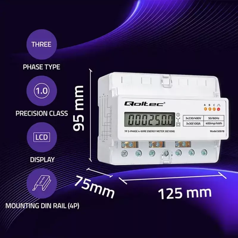 Contador de energía trifásico para carril DIN QOLTEC 50978 — 400 V, 100 A