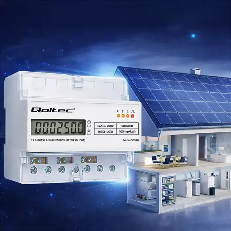 Contador de energía trifásico para carril DIN QOLTEC 50978 — 400 V, 100 A