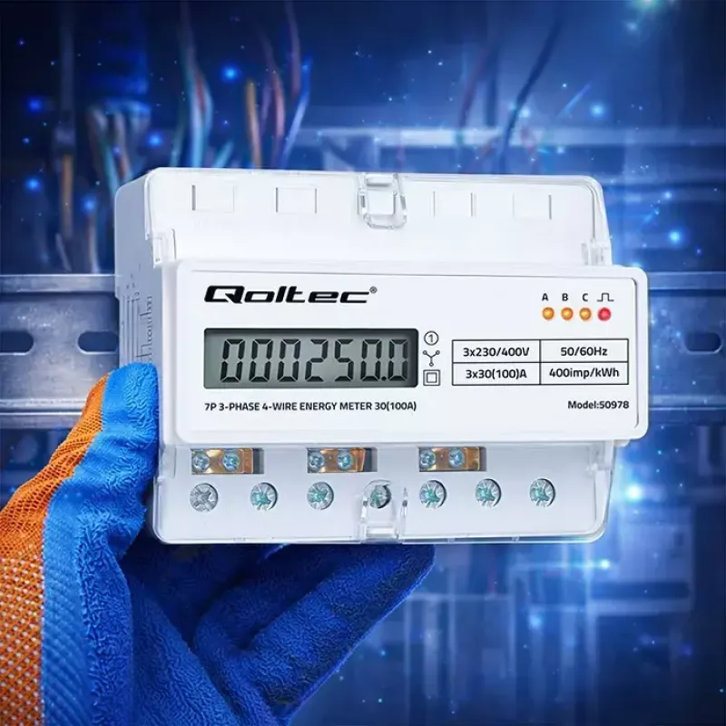 Contador de energía trifásico para carril DIN QOLTEC 50978 — 400 V, 100 A