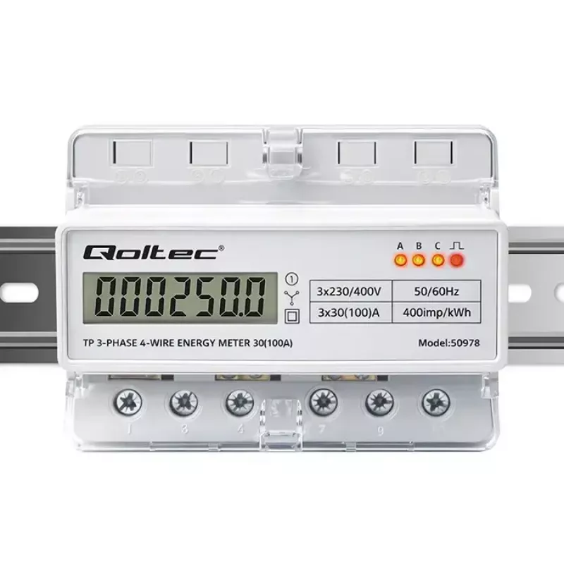 Contador de energía trifásico para carril DIN QOLTEC 50978 — 400 V, 100 A