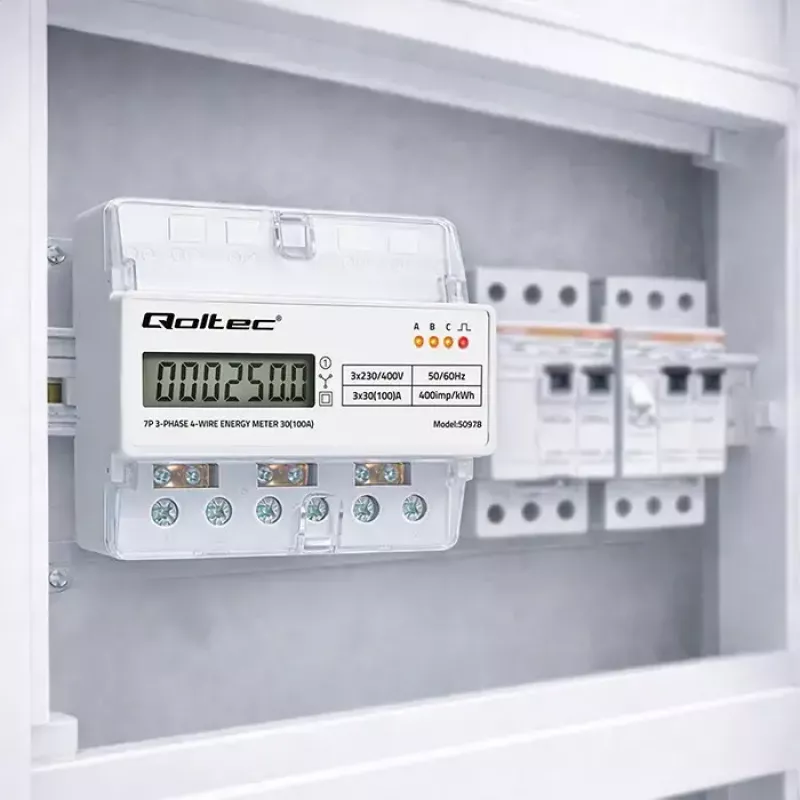 Contador de energía trifásico para carril DIN QOLTEC 50978 — 400 V, 100 A