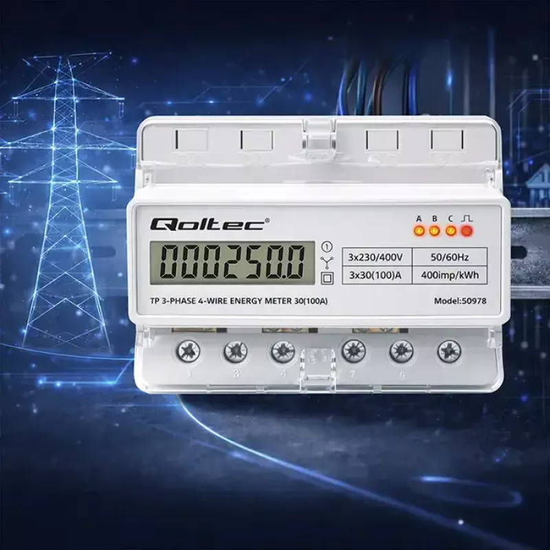 Contador de energía trifásico para carril DIN QOLTEC 50978 — 400 V, 100 A