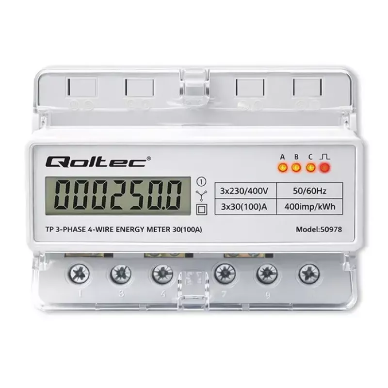 Contador de energía trifásico para carril DIN QOLTEC 50978 — 400 V, 100 A