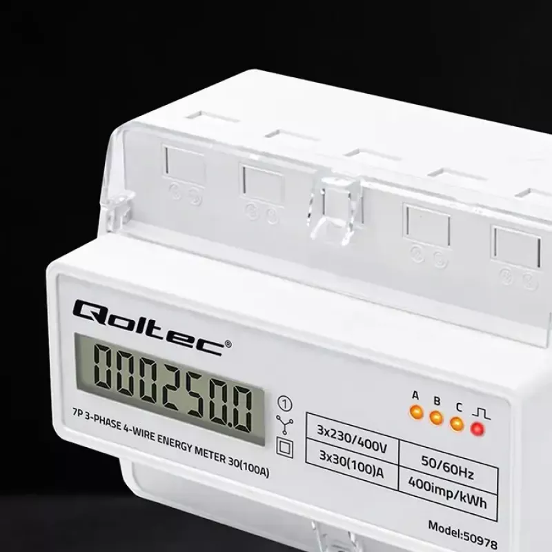 Contador de energía trifásico para carril DIN QOLTEC 50978 — 400 V, 100 A