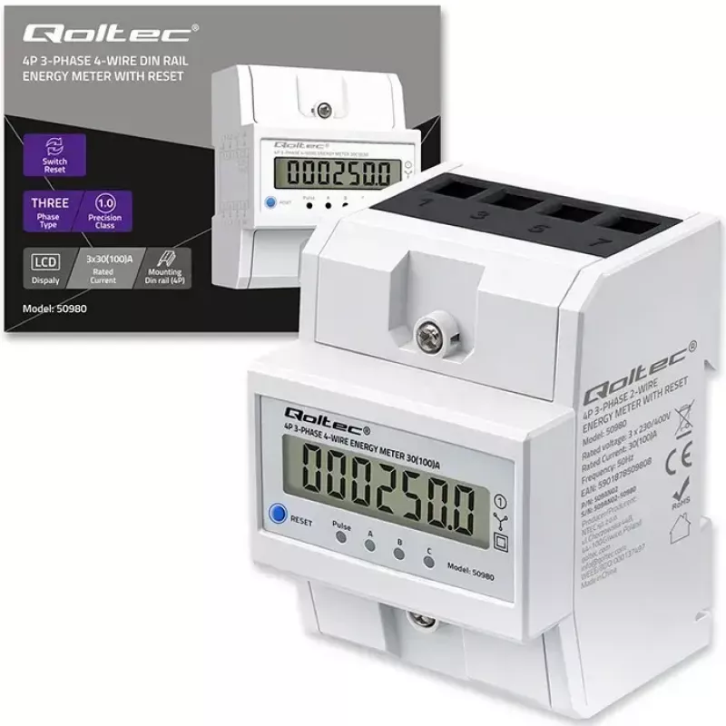 Contador de energía trifásico QOLTEC 50980 — 400 V, 100 A con reset