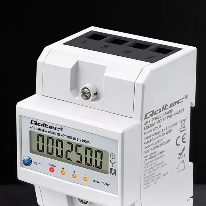 Contador de energía trifásico QOLTEC 50980 — 400 V, 100 A con reset
