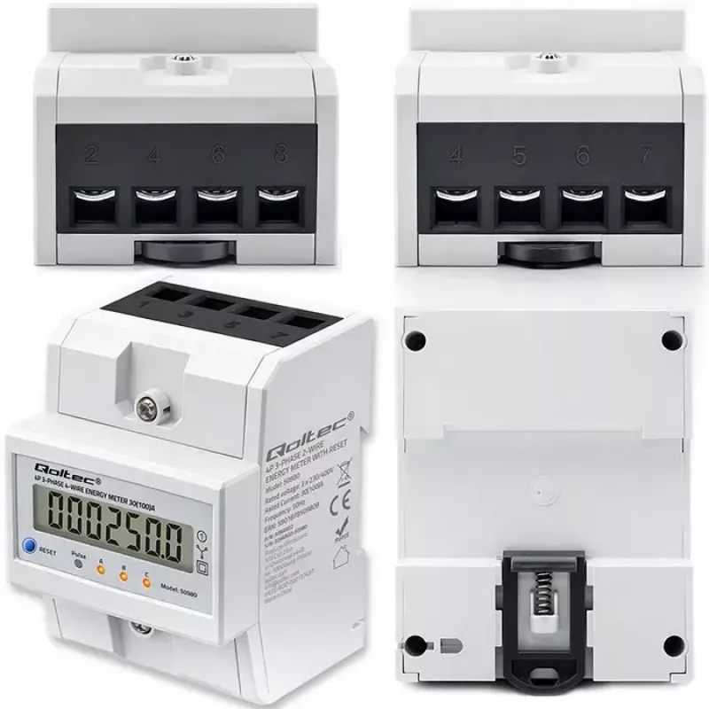 Contador de energía trifásico QOLTEC 50980 — 400 V, 100 A con reset