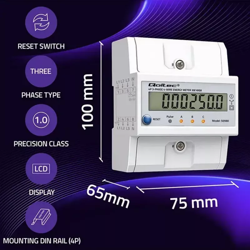 Contador de energía trifásico QOLTEC 50980 — 400 V, 100 A con reset