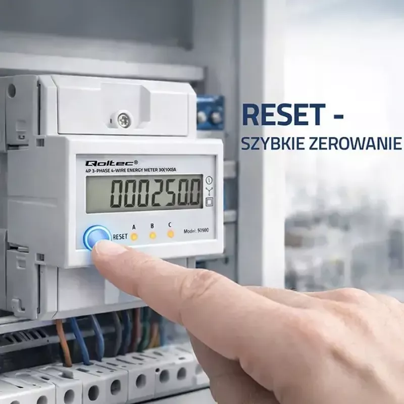 Contador de energía trifásico QOLTEC 50980 — 400 V, 100 A con reset