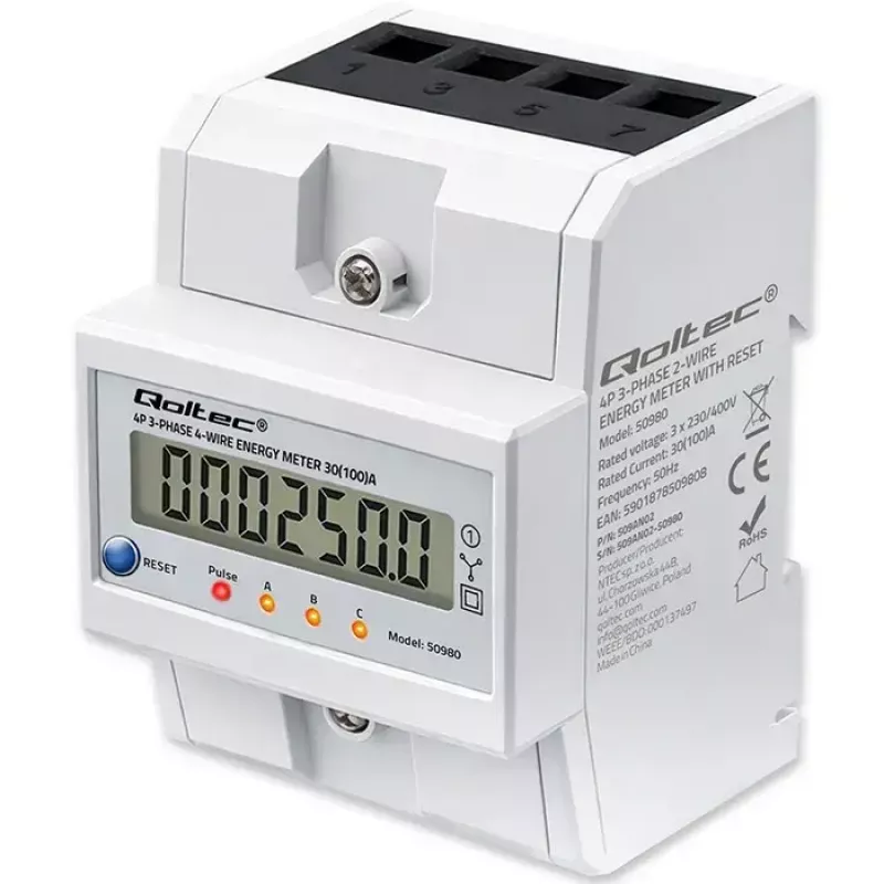 Contador de energía trifásico QOLTEC 50980 — 400 V, 100 A con reset