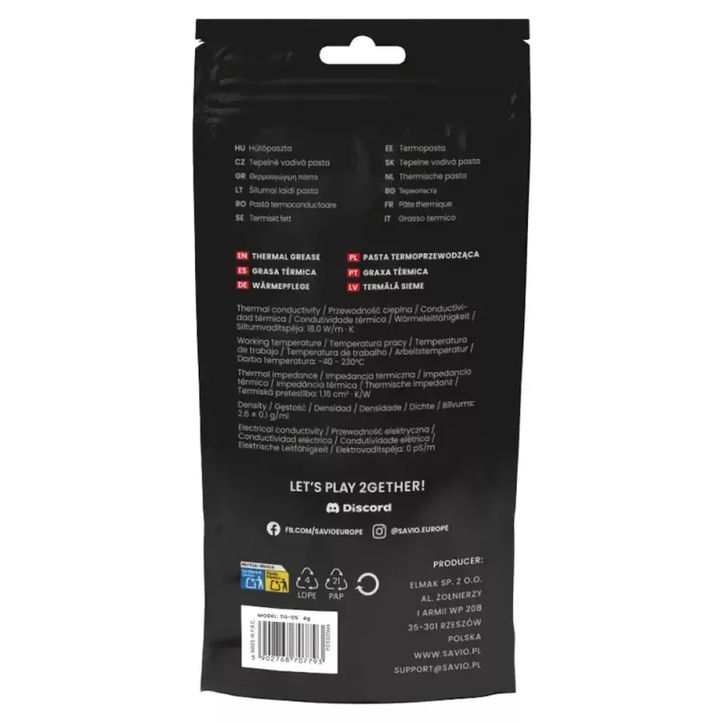 Pasta térmica SAVIO TG-05 1 g — conductividad térmica 18 W/m·K, gris, densidad 2,6 g/cm³