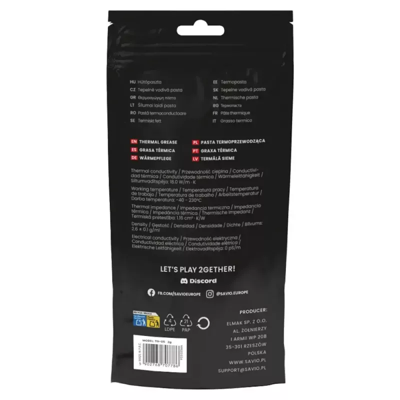 Pasta térmica SAVIO TG-05 2g — conductividad térmica 18 W/m·K, 2 ml