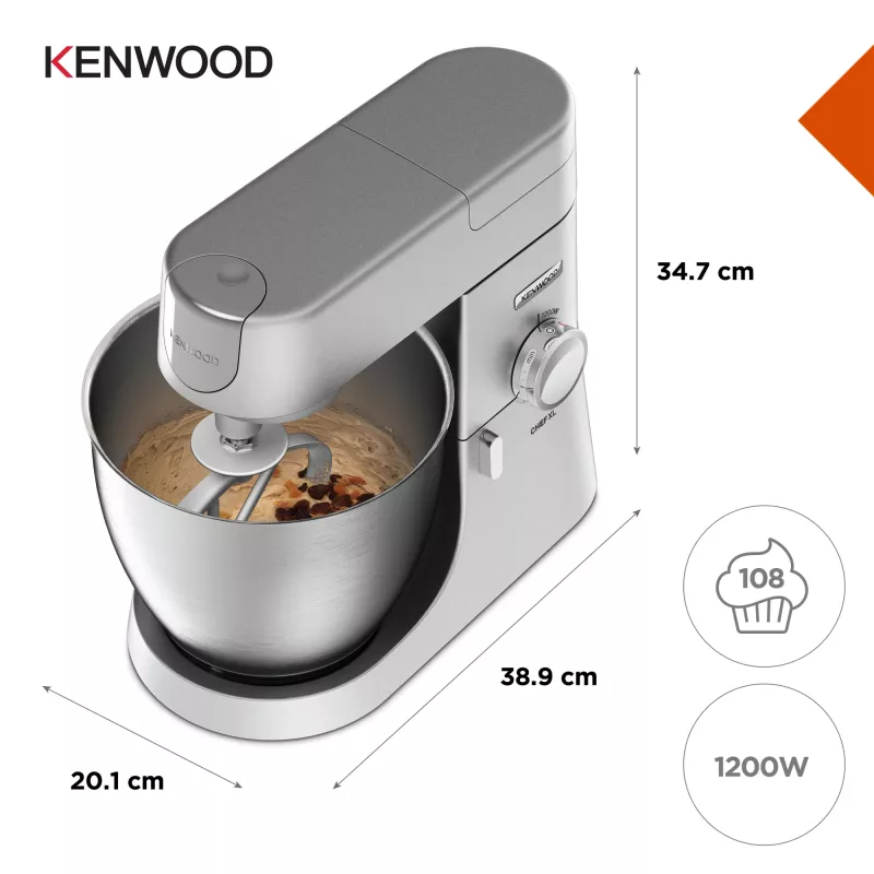 Batidora de vaso Kenwood Chef XL KVL4110S – 1200 W, bol de acero inoxidable de 6,7 L, batidor planetario, batidora, Plata