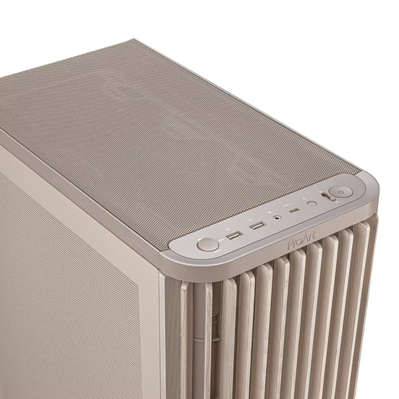 Caja de PC ASUS ProArt PA401 Wood Mesh PWM Beige — ATX, madera, 2×160 mm frontal, 1×120 mm trasero, 2×3,5 inch + 2×2,5 inch bahías